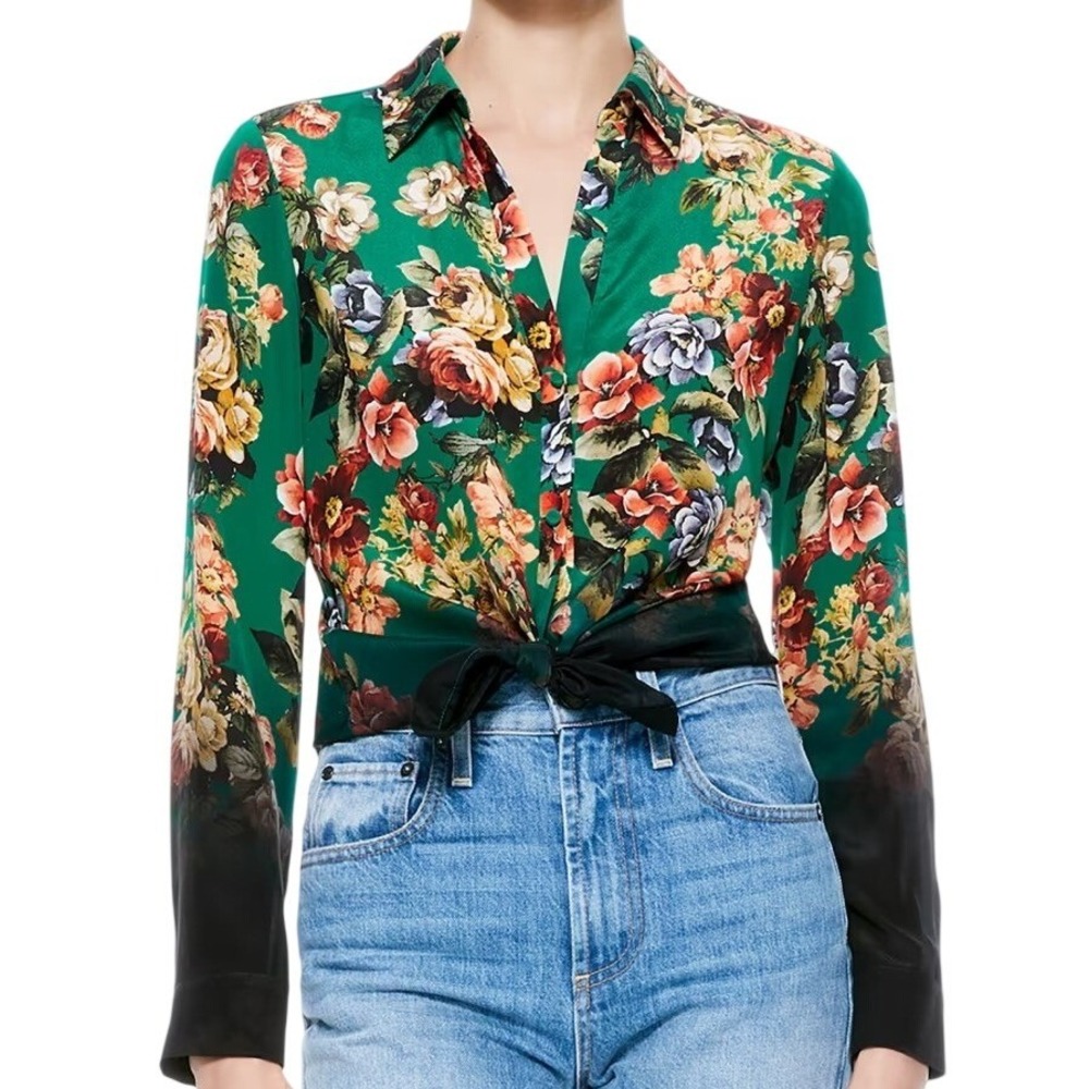 Alice + Olivia Eloise Silk Dégradé Floral Blouse Top Teal Black Medium M
